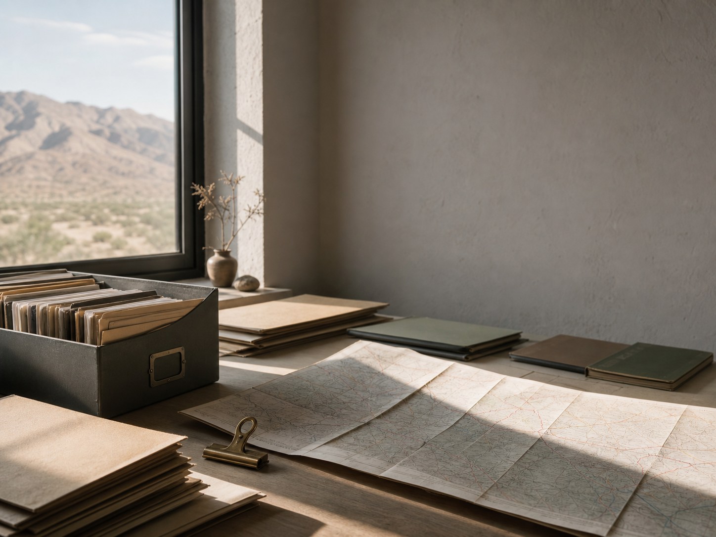 Archival folders and a folded map on a sunlit table with desert hills beyond a window