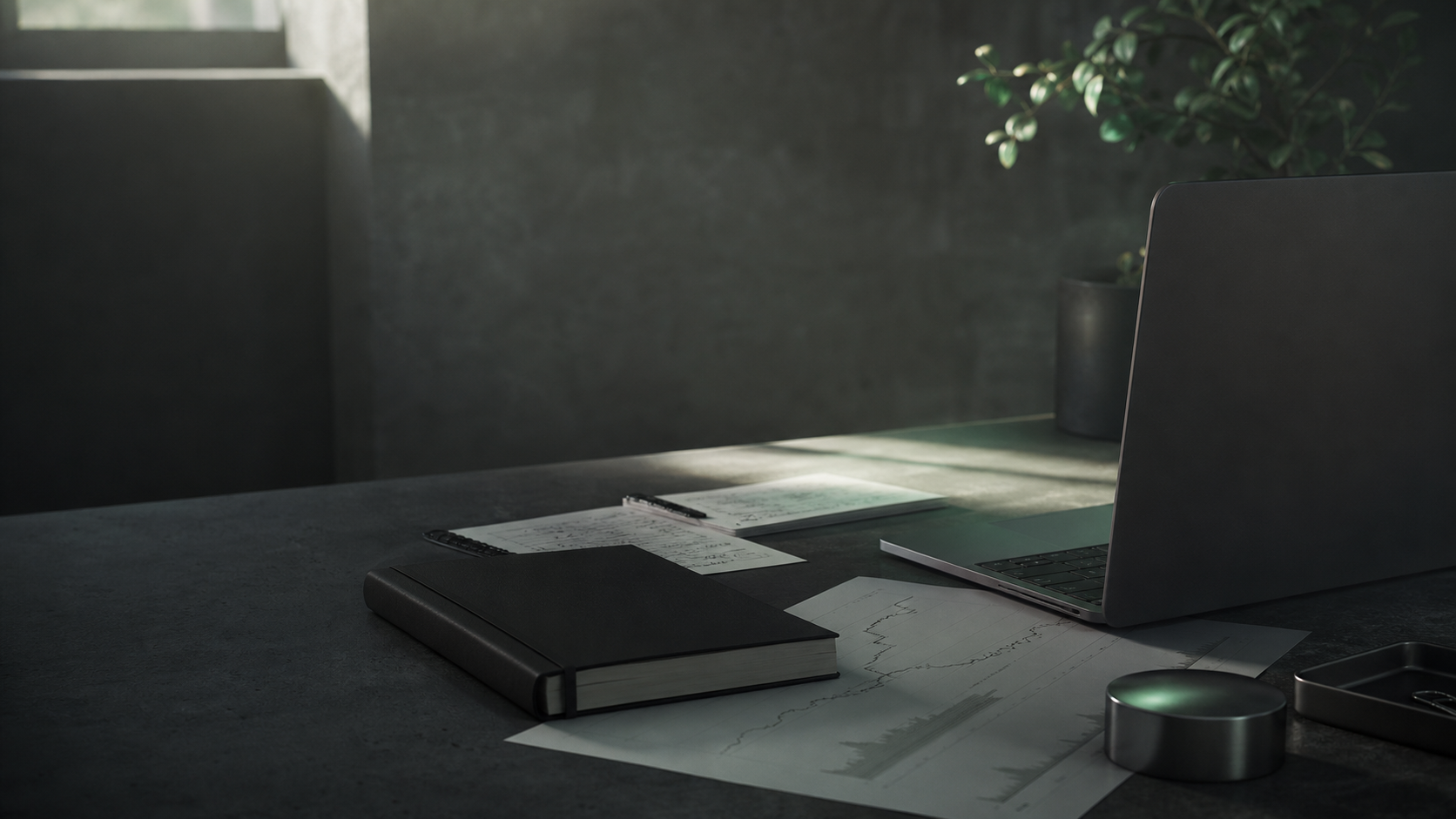 A dark workbench with a notebook, paper charts, and a laptop in soft window light